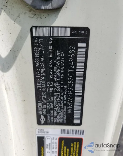 2012 Mini Cooper S z USA, uszkodzony, nr VIN WMWZP3C57CT249682